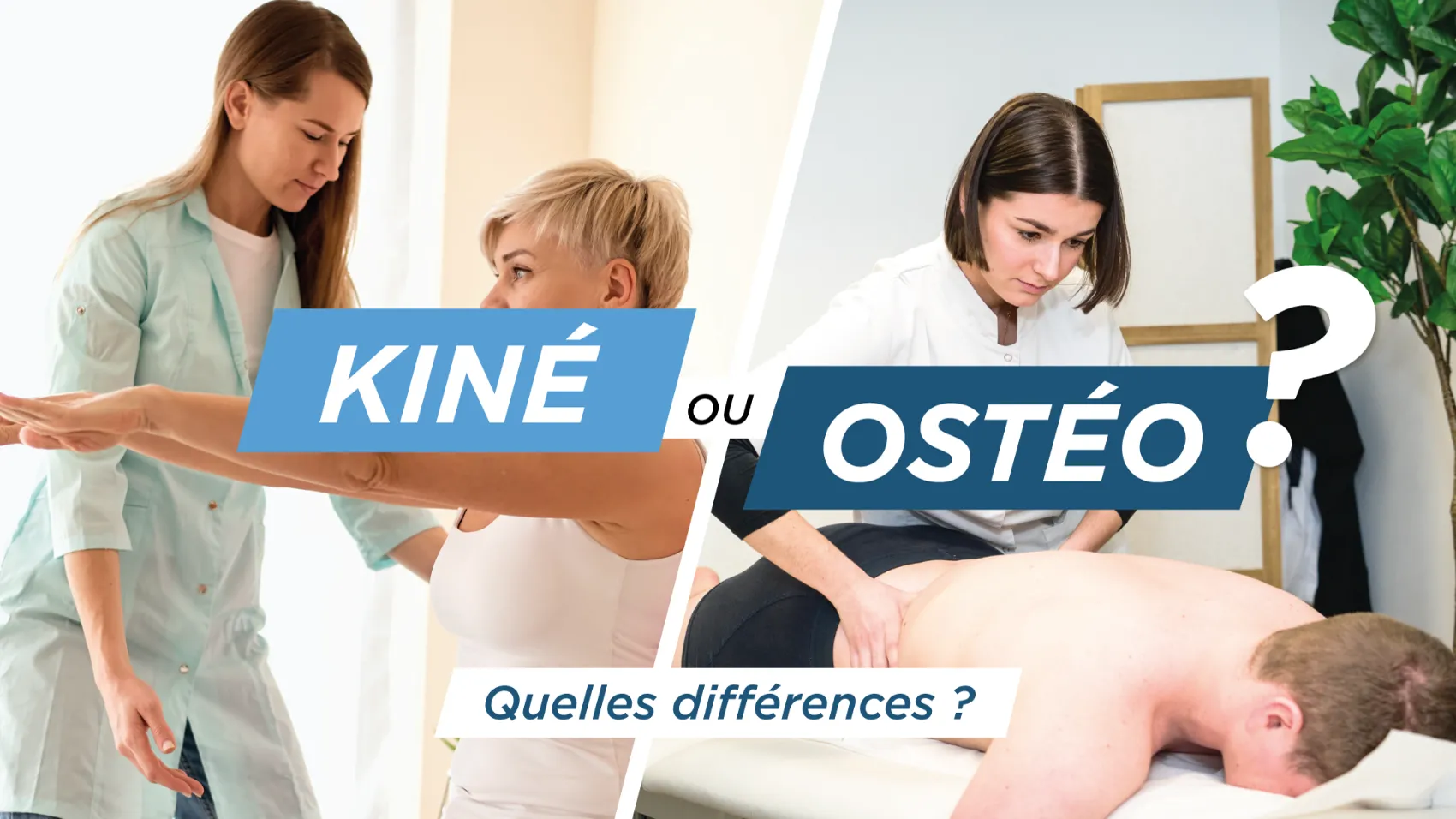 À gauche une kinésithérapeute mobilise le bras d'une patiente, à droite une ostéopathe pratique une manipulation du dos : ostéopathie ou kinésithérapie, quelles différences ?